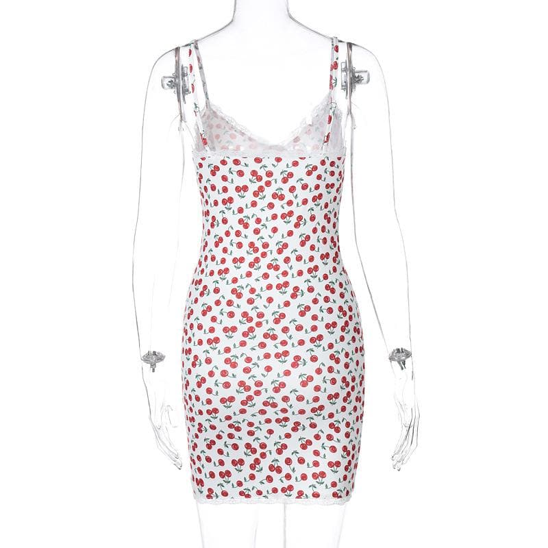 Cherry print v neck lace hem contrast cami mini dress - View 4