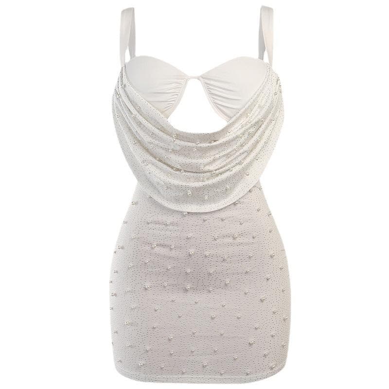 Sleeveless solid ruched beaded hollow out backless cowl neck cami dress 2