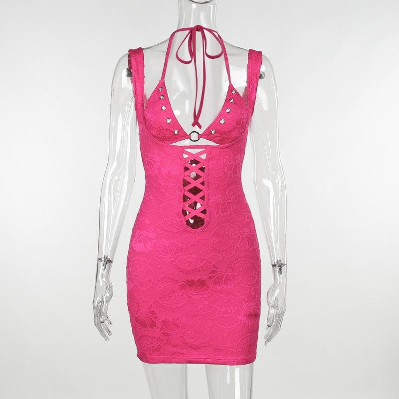 Jacquard Halter Neck Lace Up Cut Out Bodycon Mini Dress