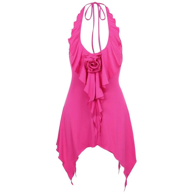 Halter Neck Flower Applique Ruffle Handkerchief Hem Mini Dress