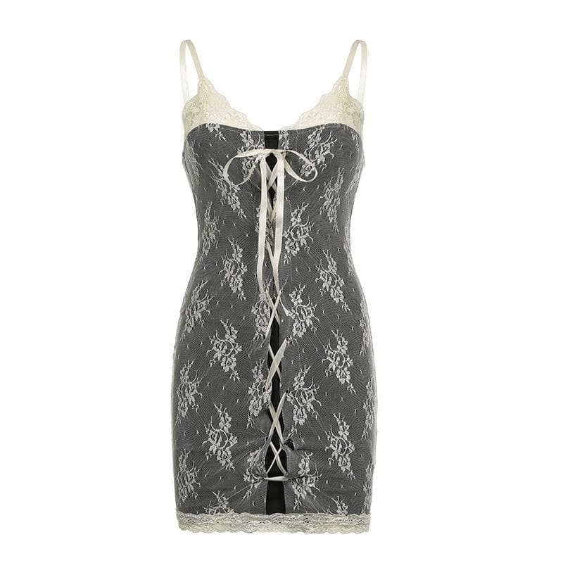 Sheer Lace Tie Front Cardigan and Lace Up Mini Dress Two Piece Set 2