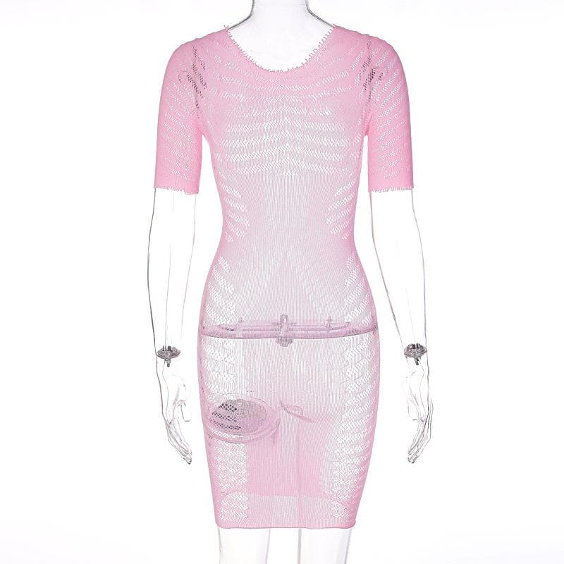Fishnet Cut Out Crew Neck Short Sleeve Sheer Bodycon Mini Dress 3
