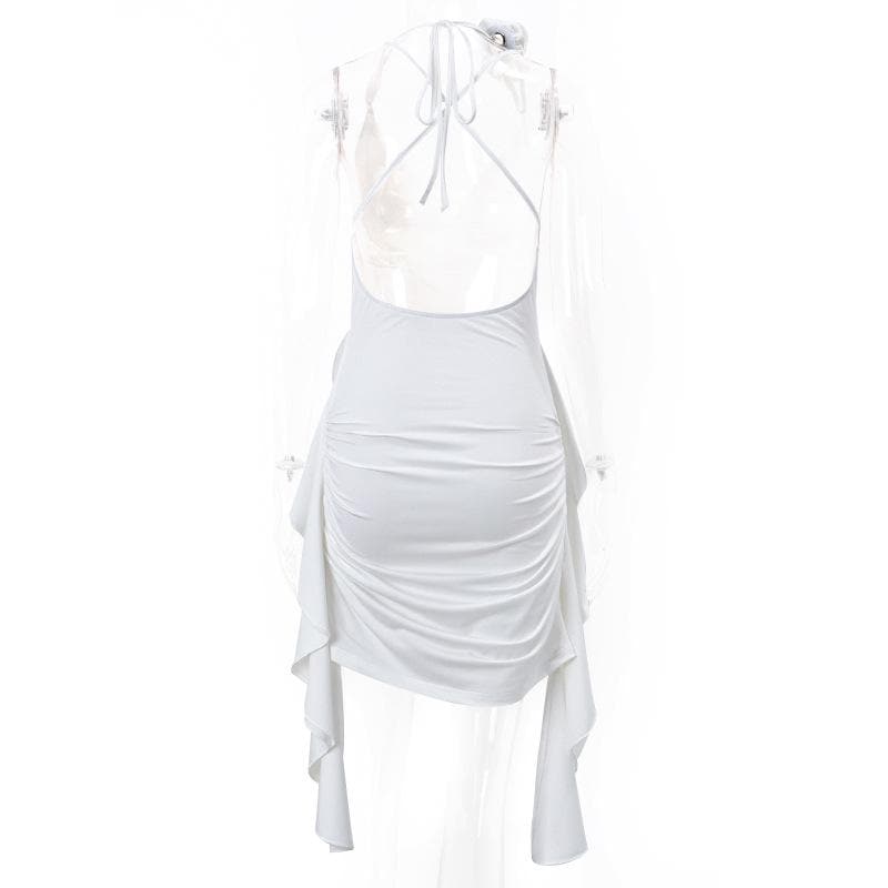 Rosette Cowl Neck Spaghetti Strap Ruched High Low Mini Dress