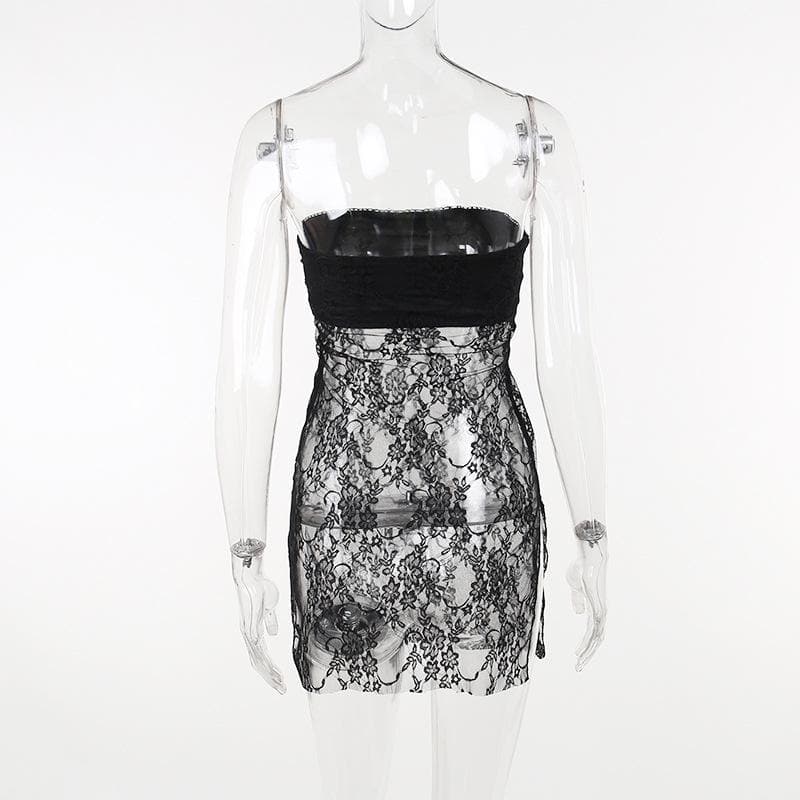 Strapless Sheer Floral Lace Side Slit Tube Mini Dress 4