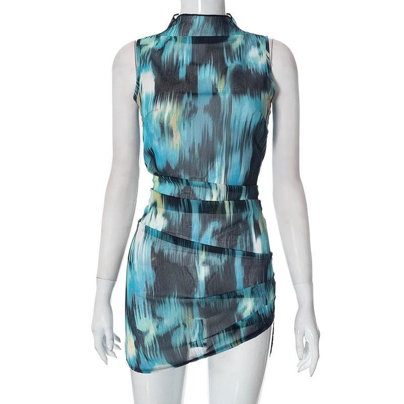 Chiffon tie dye high neck ruched contrast sleeveless zip-up mini dress - View 3