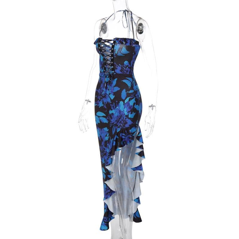 Floral Halter Neck Lace Up Ruffle High Low Maxi Dress