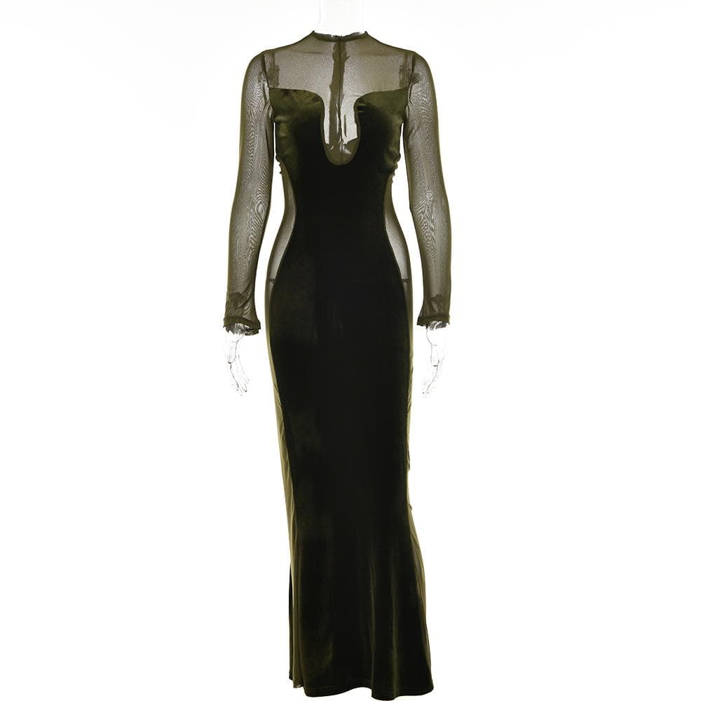 Long sleeve velvet mesh solid zip-up maxi dress - View 3
