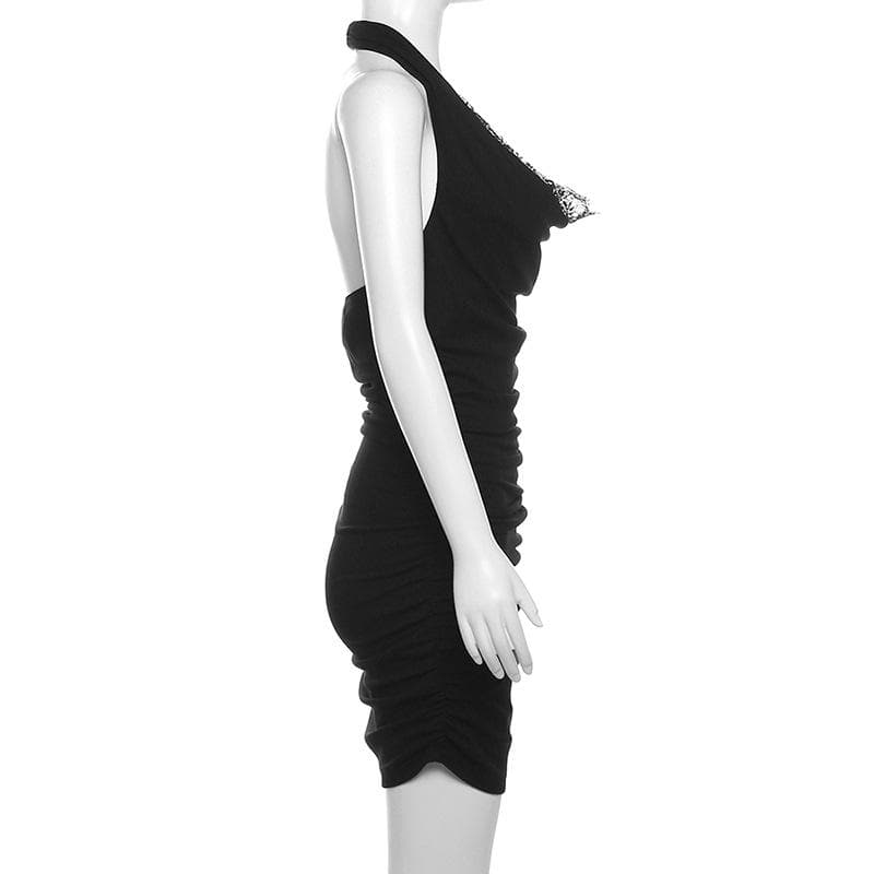 Lace Trim Cowl Neck Ruched Bodycon Mini Dress