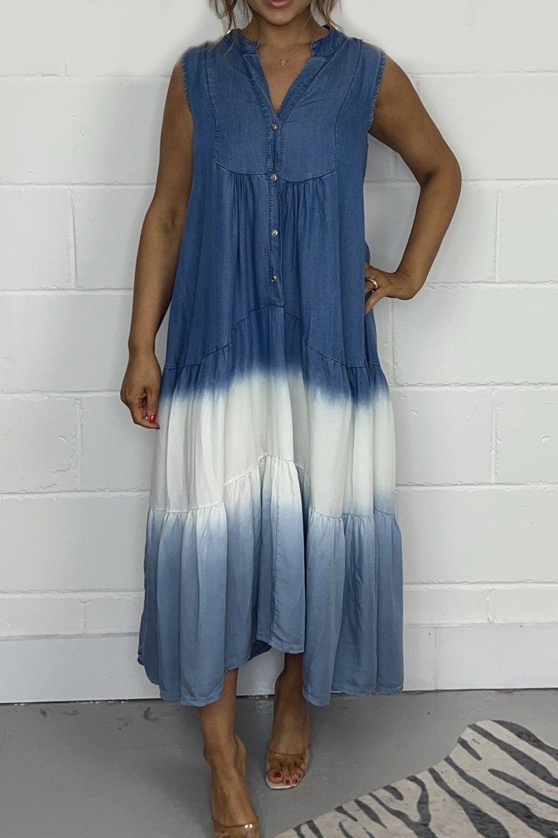 Chambray Sleeveless Button Front Tiered Midi Dress