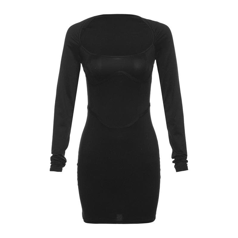 Square Neck Long Sleeve Corset Bodycon Mini Dress