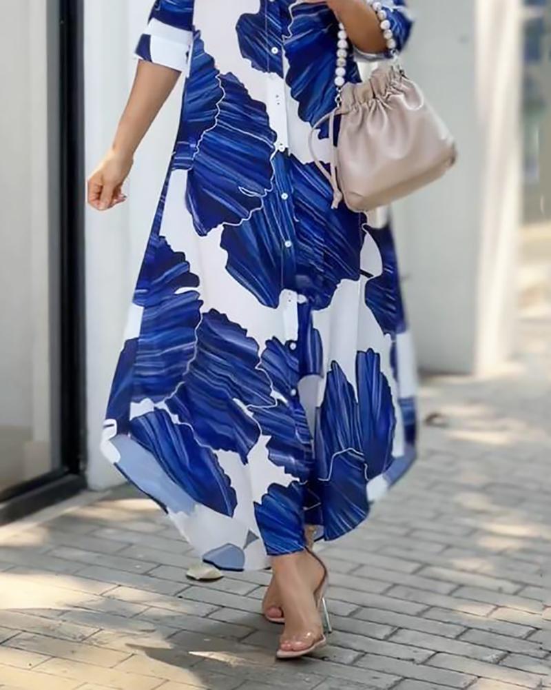 Abstract Print Button Down Collar Three Quarter Sleeve Handkerchief Hem Maxi Shirt Dress