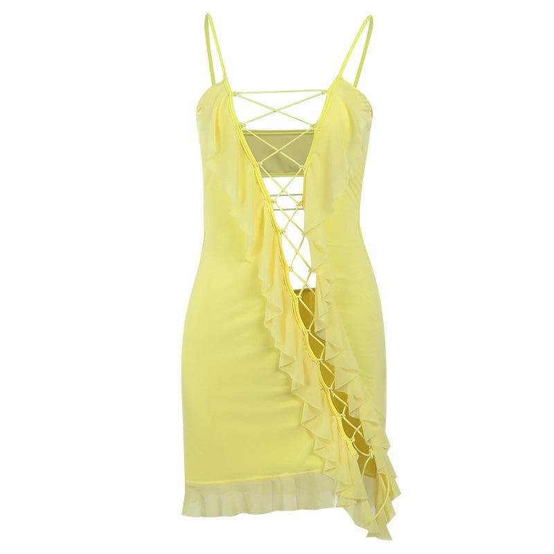 Ruffle Trim Lace Up Front Cut Out Mesh Hem Cami Mini Dress 4