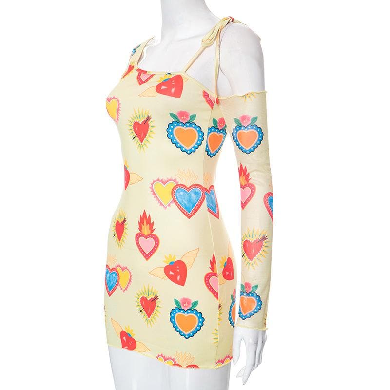 Heart print contrast irregular long sleeve mesh mini dress 7
