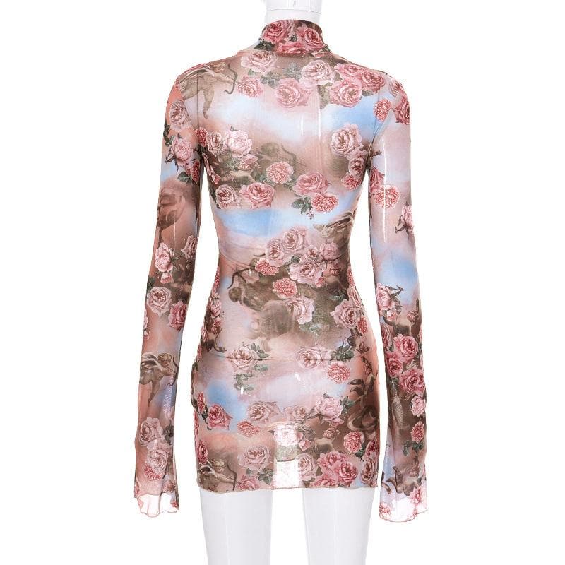 Floral Mesh High Neck Long Sleeve Sheer Bodycon Mini Dress