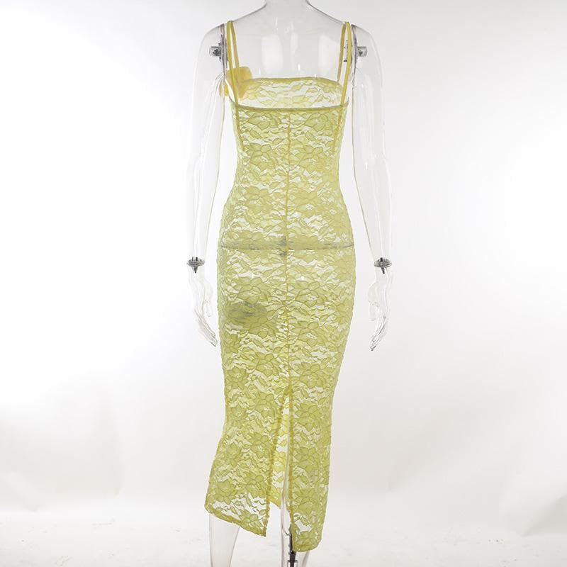 Lace Square Neck Spaghetti Strap Side Slit Bodycon Maxi Dress