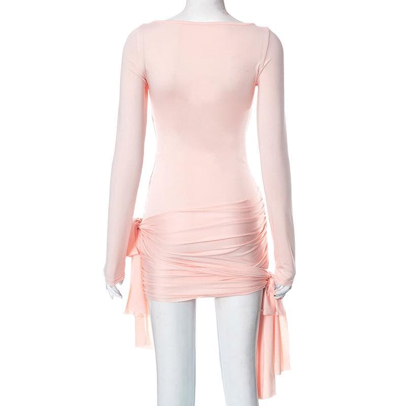 Bowknot ruched solid patchwork long sleeve self tie mini dress