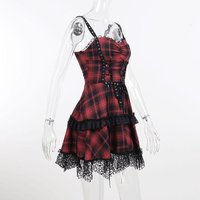 Zip-up lace hem lace up plaid backless mini dress 7