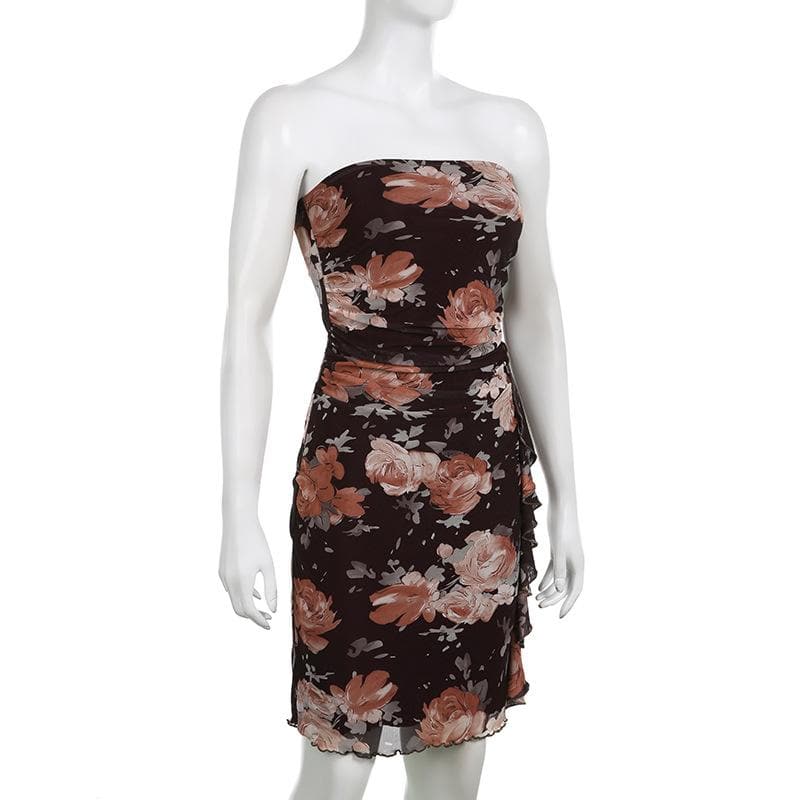 Floral Print Mesh Strapless Ruched Ruffle Bodycon Mini Dress