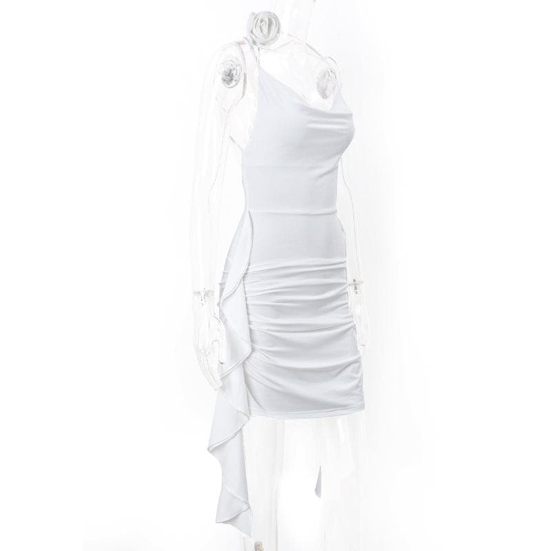 Rosette Cowl Neck Spaghetti Strap Ruched High Low Mini Dress