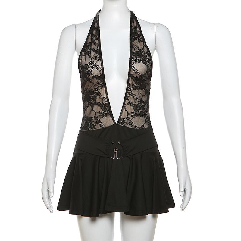 Lace Halter Deep V-Neck Pleated Mini Dress