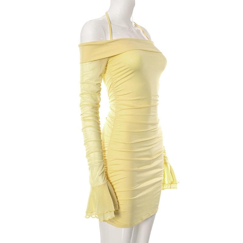 Off Shoulder Halter Neck Long Sleeve Mesh Ruched Bodycon Mini Dress