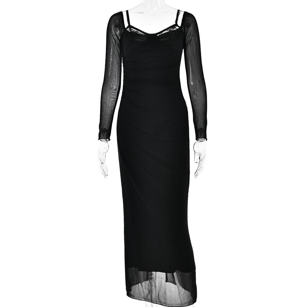 Patchwork lace mesh long sleeve zip-up slit solid maxi dress - View 9