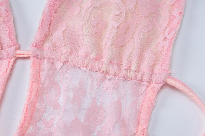 Lace Halter Deep V-Neck Ruffle Mini Dress