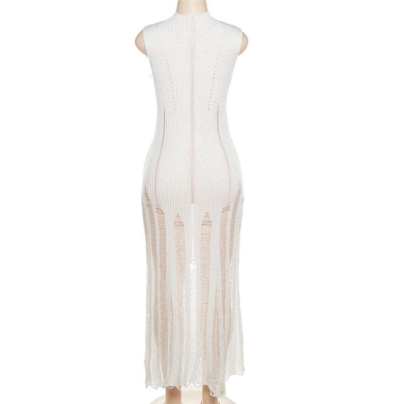 Ribbed Knit Mock Neck Sleeveless Distressed Shredded Maxi Dress