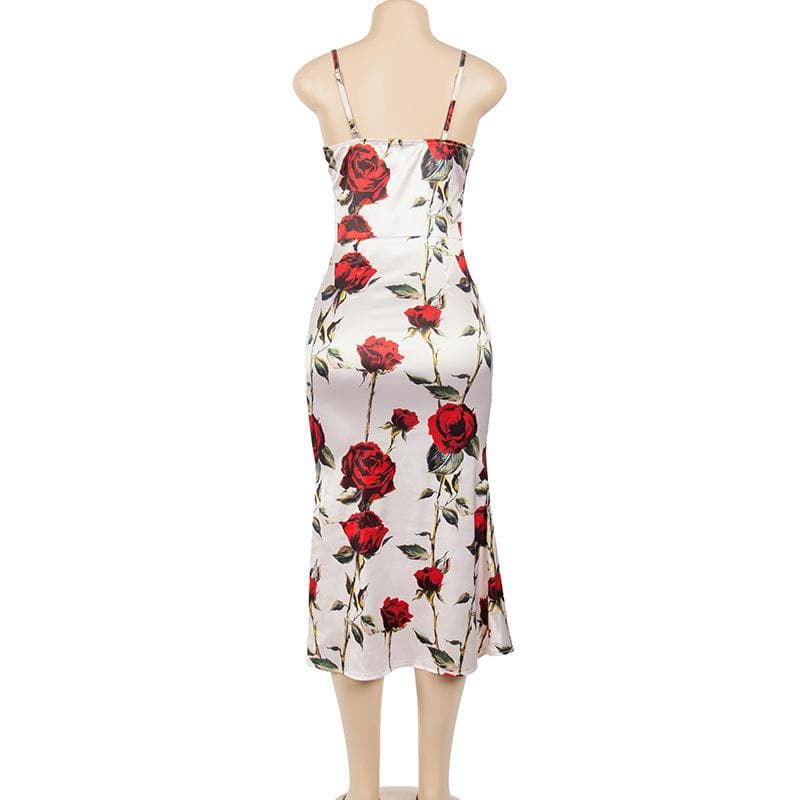 Satin Floral Print Cowl Neck Spaghetti Strap Slip Midi Dress