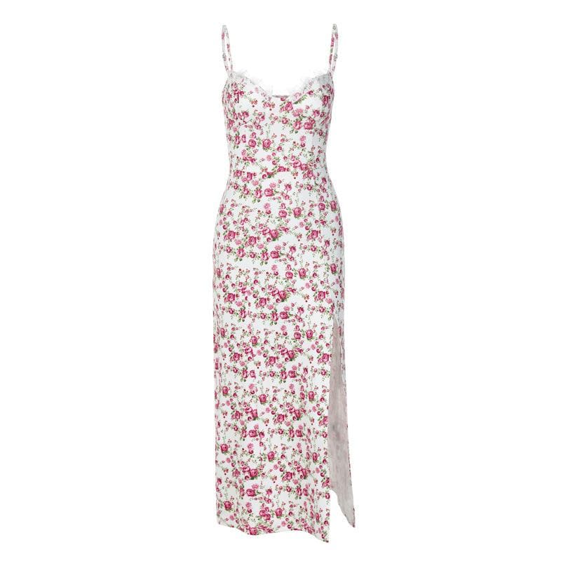 Floral Print Sweetheart Lace Trim High Split Slip Maxi Dress