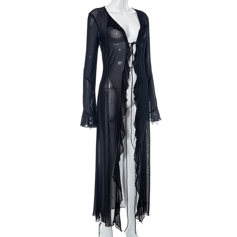 Flared sleeve ruffle sheer mesh see through self tie maxi dress 8