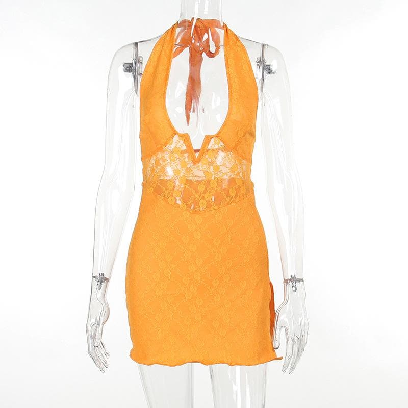 Lace Halter Deep V-Neck High Split Mini Dress