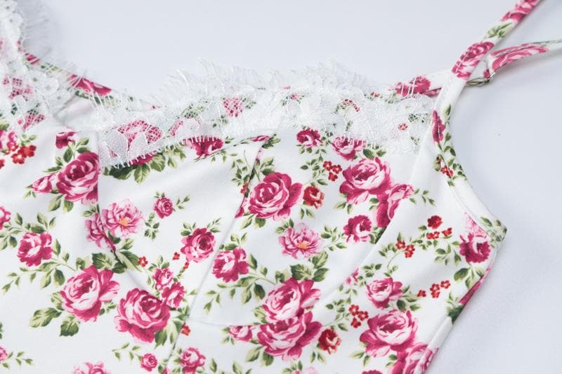 Floral Print Sweetheart Lace Trim High Split Slip Maxi Dress