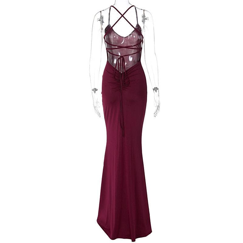 Ruched solid backless cross back v neck lace up maxi dress 3