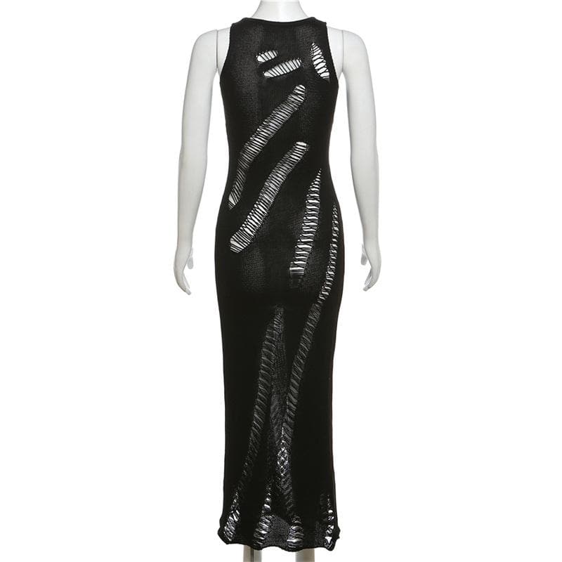 Knit Ladder Cut Out Sleeveless Crew Neck Bodycon Maxi Dress