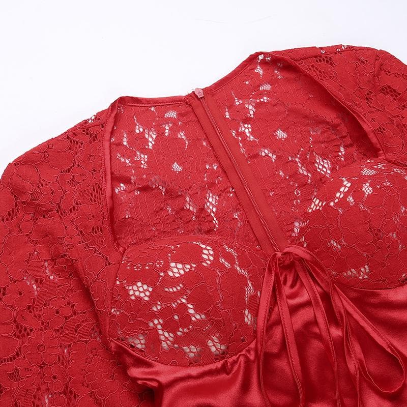 Lace zip-up long sleeve patchwork padded mini dress 5