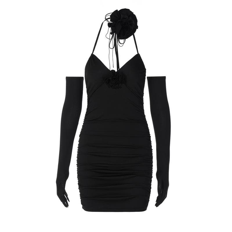 3D Flower Halter Neck Ruched Bodycon Mini Dress