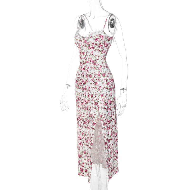 Floral Print Sweetheart Lace Trim High Split Slip Maxi Dress