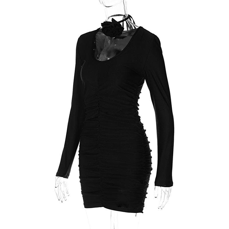 Scoop Neck Long Sleeve Ruched Rosette Bodycon Mini Dress