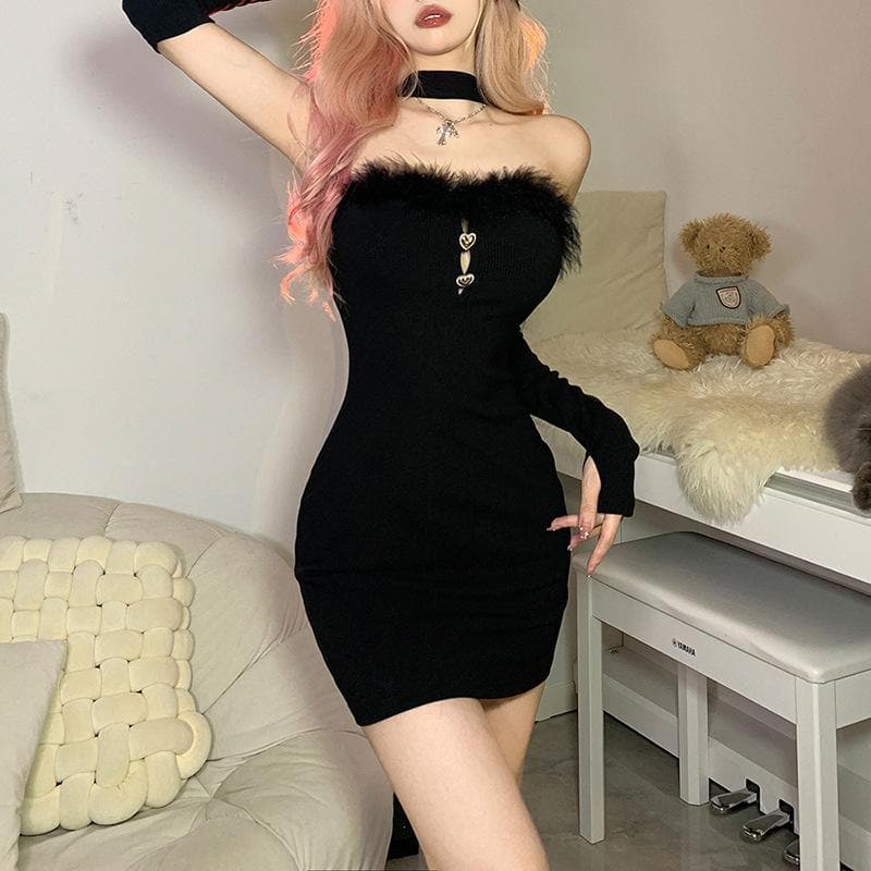 Knit Off Shoulder Feather Trim Long Sleeve Bodycon Mini Dress