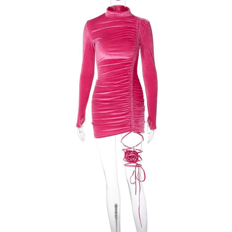 Velvet High Neck Long Sleeve Ruched Rosette Bodycon Mini Dress