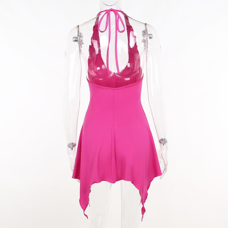 Halter Neck Flower Applique Ruffle Handkerchief Hem Mini Dress