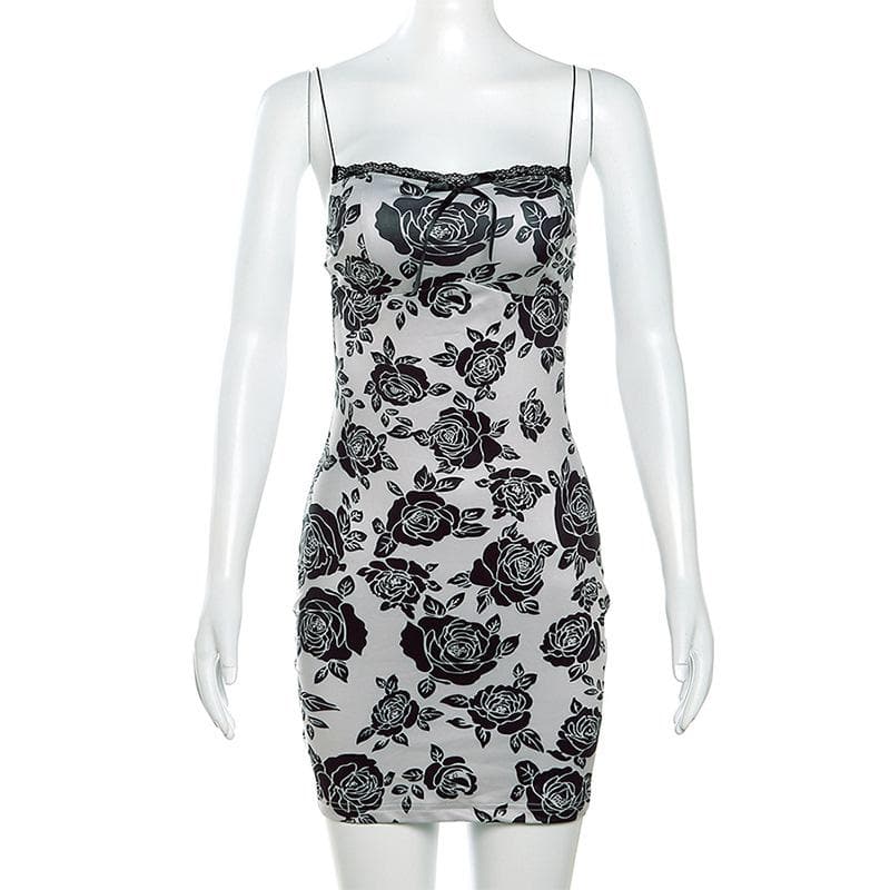 Rose print lace hem contrast spaghetti strap mini dress 3