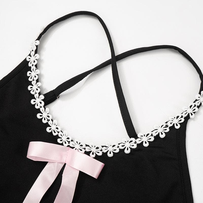 Bowknot ribbon lace hem u neck cross back backless cami mini dress 5