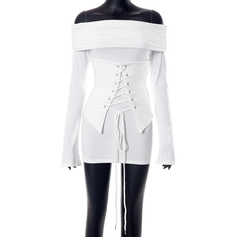 Lace up long sleeve off shoulder ruched solid mini dress 8
