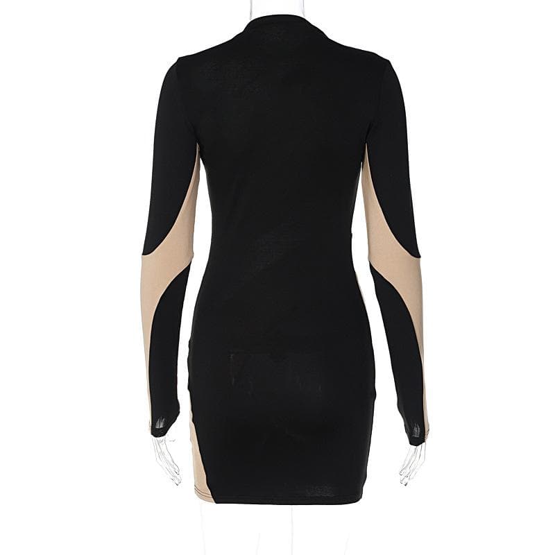 Long sleeve mesh contrast patchwork hollow out mini dress 3