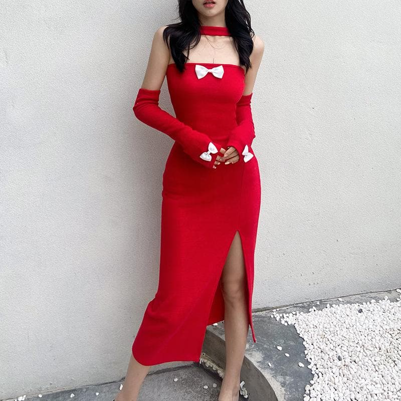 Knit Off Shoulder Long Sleeve High Split Bodycon Midi Dress