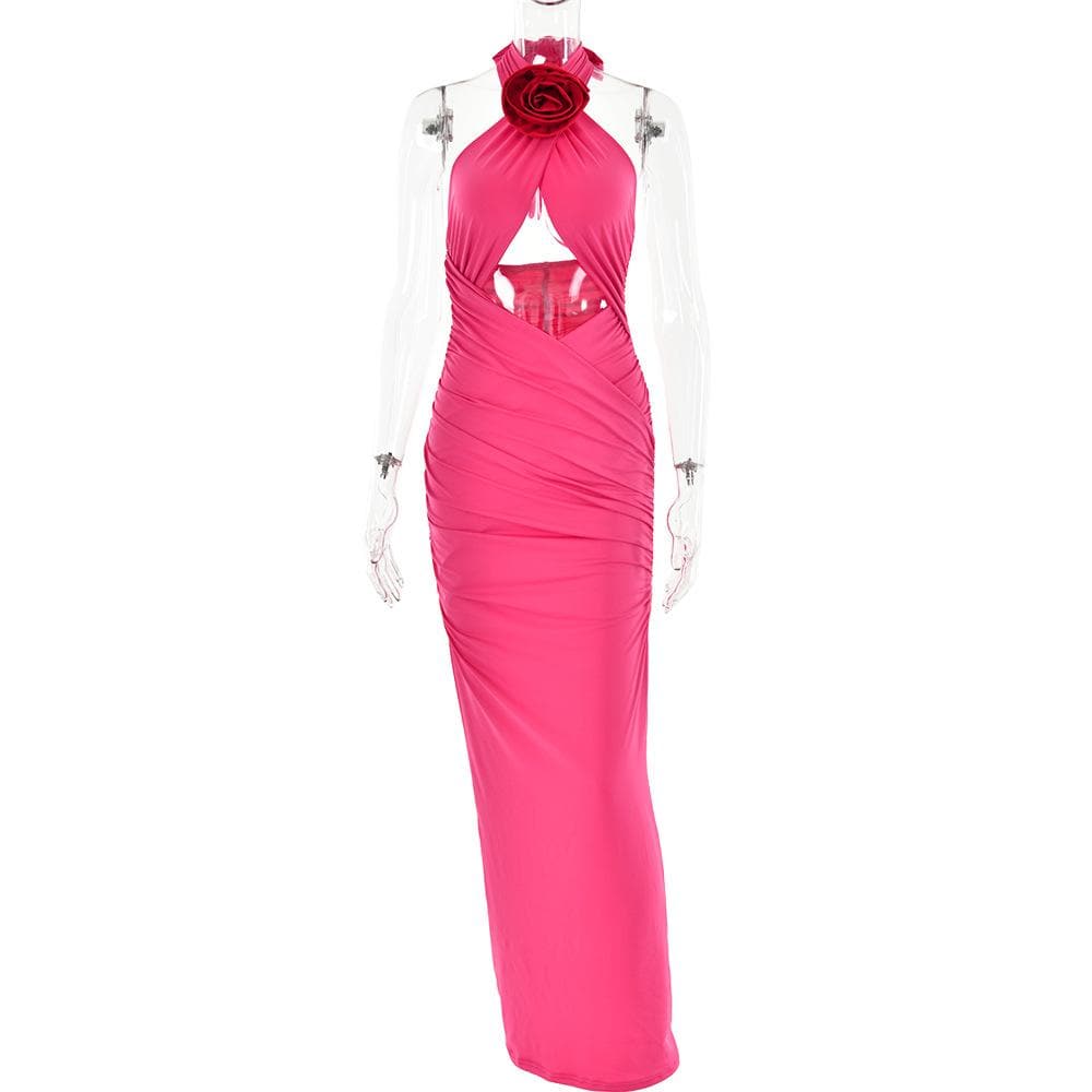 Halter Neck Flower Applique Cut Out Ruched Bodycon Maxi Dress