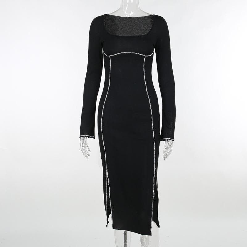 Beaded square neck slit long sleeve midi dress 8