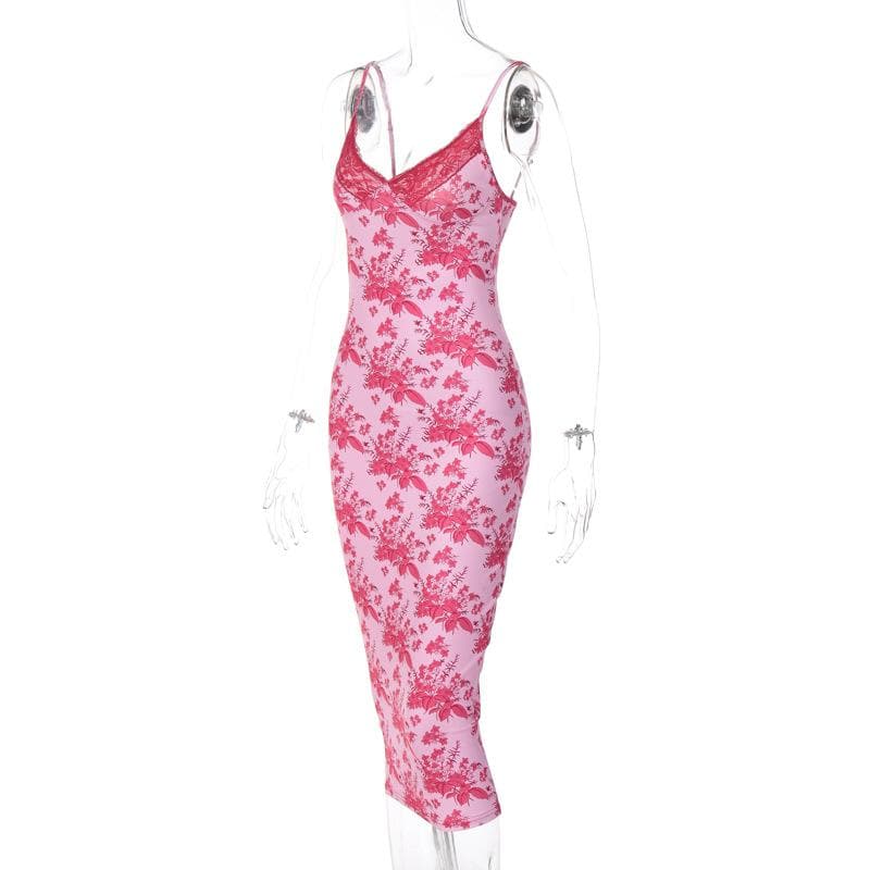 Floral Print Lace Trim V-Neck Spaghetti Strap Bodycon Midi Dress